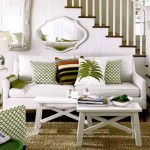 Furniture,Unusual Furniture Small Space Design Ideas With Stylish White Brown Wood Staircase And Comfortable White Fabric Two Seater Sofa Plus Beautiful White Wood Round Accent Table Also Wonderful White Wood Coffe Table On Combined Soft Cream Fur Rug,Modern Living Room Design With Comfortable Furniture Small Spaces