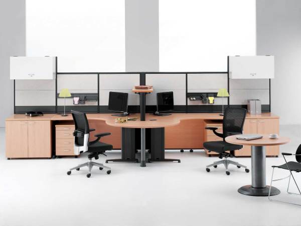 Furniture,Awesome Top Office Design Ideas With Unique Bright Brown Curved Office Desk And Cool Black Mesh Office Chairs Plus Nice Bright Storage Cabinets Also Gorgeous White Floor ,Pleasant And Comfortable Top Office Designs