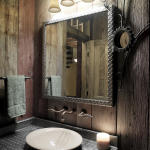 Bathroom,Marvelous Small Space Wall Light Design Ideas With Unusual Square Wall Mount Mirror And Beautiful Three Wall Light Fixture In Nice White Color Plus Cool Over Single White Bowl Sink Powder Also Gorgeous Brown Wooden Wall Exposed Panel For Vintage Concept,Classic Wall Lights Inside Bathroom