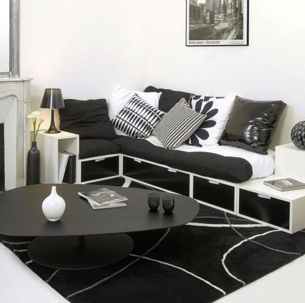 Living Room,New Model White Black Furniture Interior Design Inspiration With Cool Black Table And Comfortable Sofa On Combined Black White Rug Also Small Black Stand Lamp,Awesome Living Room Furniture Interior Design