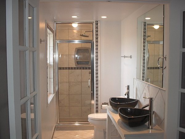 Bathroom,Impressive Small Space Wall Light Design Inspiration With Unique Black Bowl Double Sink In Nice Black Ceramic Material And Amazing Chrome Double Bathroom Faucet Plus Wonderful Great Square Wall Mirror Also Cool Stainless Steel Handle Sliding Glass Door In Modern Steam Shower,Classic Wall Lights Inside Bathroom