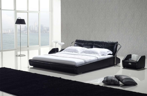 Bedroom,Simple Leather Bed Frame Design On Combined Black Color And Soft White Mattress Also Cool Black Stand Lamp For Modern Concept ,Style Low Profile Bed Design With Leather Beds