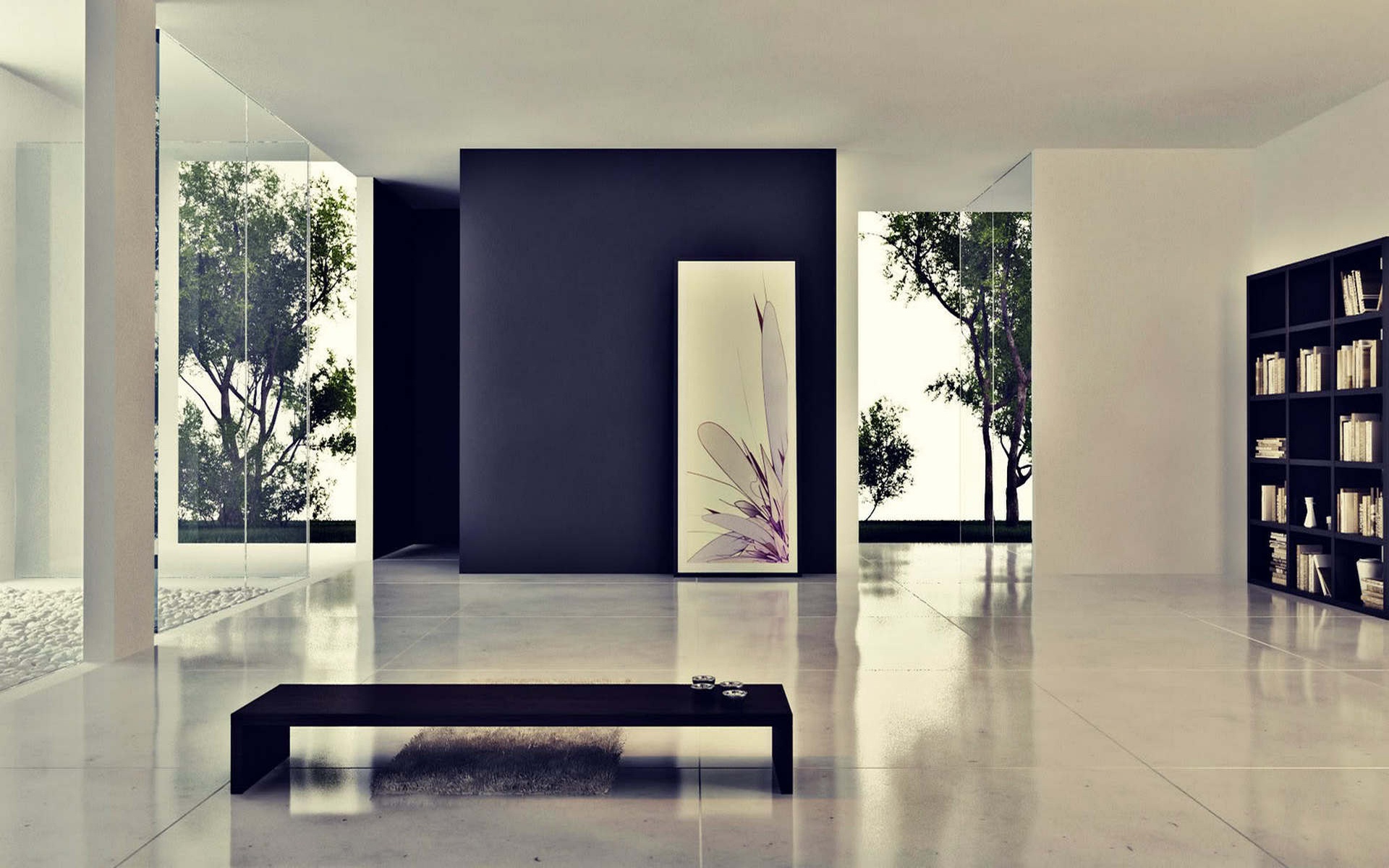 Interior,Nice Looking Interior Design Photo With Adorable Black Rectangular Table And Soft Gray Fur Rug On Combined Trendy White Ceramic Tile Floor Also Gorgeous Black Wood Bookcase Plus Beautiful White Wall Paint,Best High Quality Interior Design Photos To Your Living Room