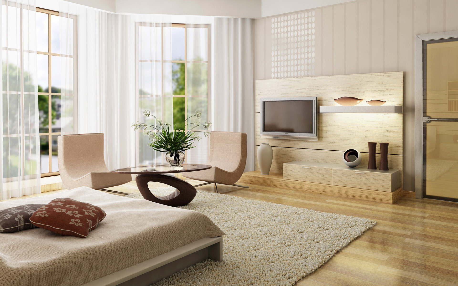 Furniture,Dazzling Interior Design Design With Stunning White Platfrom Bed On Combined Comfortable Beige Bed Cover And Unique Beige Curved Shape Swivel Chairs Also Wonderful Oval Glass Table,Affordable Interior Design Design For Your Home