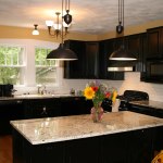 Furniture,Charming Yellow Wall Paint Kitchen Island Decoration With Amazing Black Wood Kitchen Cabinet On Combined Cool White Marble Countertop And Gorgeous White Subway Tile Backspash Plus Cool Black Kitchen Pendant Lamp Also Wonderful Black White Kitchen Island,Modern Kitchen Island Designs