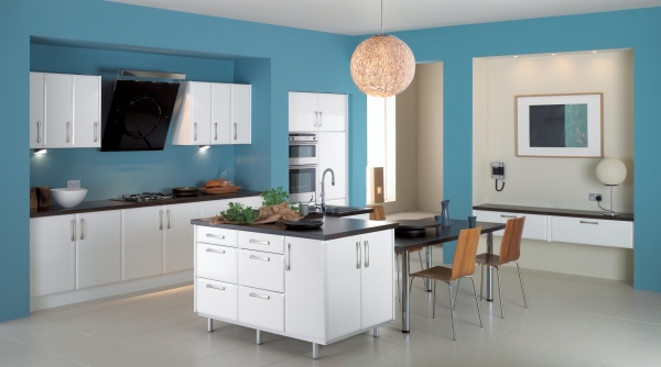Furniture,Admirable Blue Wall Paint Kitchen Island Design Ideas With Amazing White Wood Kitchen Cabinet On Combined Nice Black Countertop And Wonderful Black Dining Table Plus Gorgeous Brown Dining Chairs Also Stunning Cream Kitchen Pendant Lamp,Modern Kitchen Island Designs