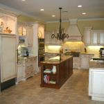 Furniture,Gorgeous Yellow Wall Paint Kitchen Island Design With Cool White Wood Kitchen Cabinet Plus Nice White Wood Floating Kitchen Cabinet And Exquisite Rectangular Kitchen Island Combined Trendy Cream Tile Floor Also Vintage Kitchen Pendant Lamp For Classic Concept,Modern Kitchen Island Designs