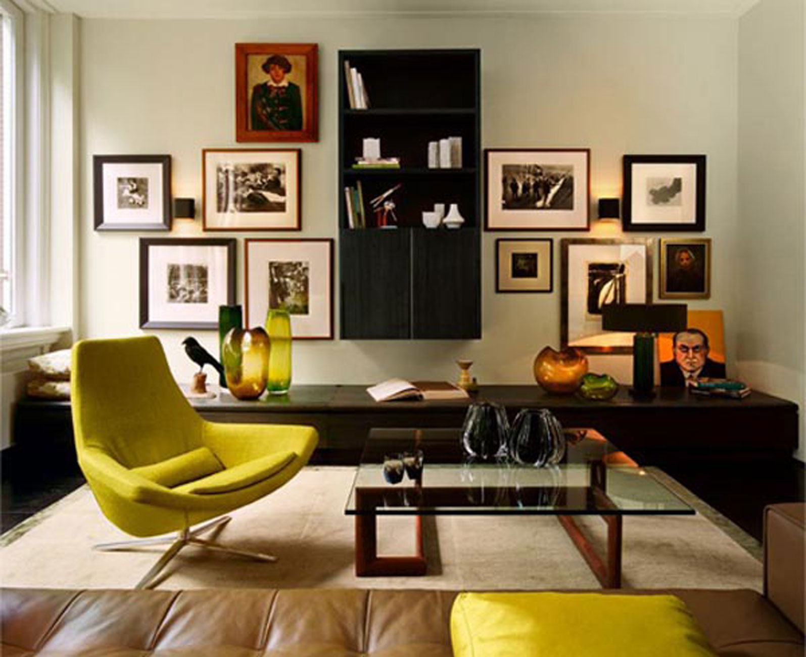 Apartments,Nice Spectacular Small Space Apartment Ideas With Amazing Yellow Swivel Chair And Wonderful Square Glass Table Also Cool Picture Frames Plus Gorgeous Black Wall Hanging Bookshelves,Comfort Studio For Contemporary Apartment Ideas