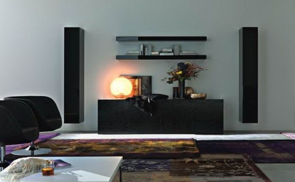 Furniture,Adorable Tv Wall Panel Design Inspiration With Beautiful Floating Fireplace And Cool Black Shelves Open Rack And Nice Black Low Dresser On Combined White Rectangular Coktail Plus Soft Graphic Rug For Living Room ,Modern Tv Wall Panel Designs
