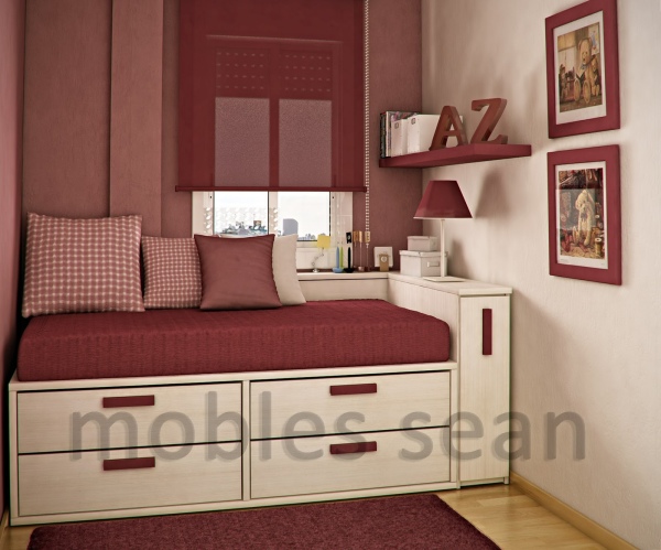 Bedroom,Awesome Very Small Bedroom Design Inspiration With Charming White Wood Bed Frame And Comfortable Red Mattress On Combined Cushion Also Nice Bookshelf Plus Cool Red Blind For Kids Bedroom,Very Small Bedroom Design And Small Space