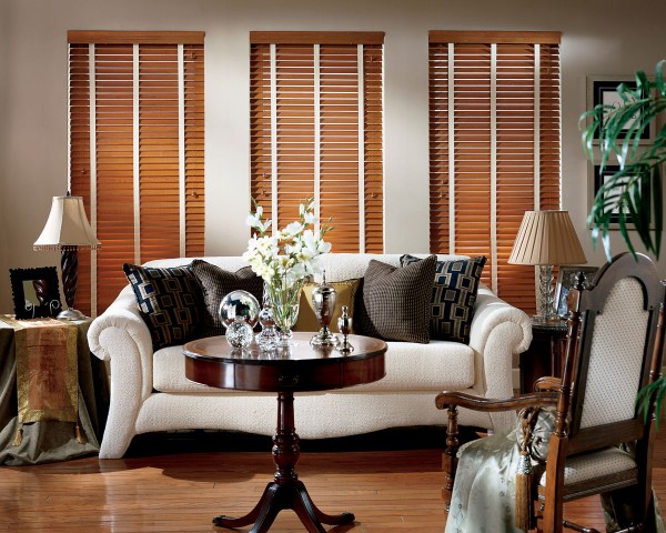 Interior,Nice Arrangement Floral And Beautiful High Gloss Finish Wood Round Table With Trend Wood Blind For Home Design Inspiration Also Comfortable White Sofa On Combined Soft Black Pillow For Elegant Concept,Cool And Trend Blinds For Your Home