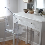 Furniture,Dazzling White Wall Paint Ghost Chair Design Inspiration With Gorgeous Acrylic Ghost Chair And Beautiful White Wood Vanity Table Also Nice Bright Wood Floor,Best Ghost Chairs Design To Your Home Furniture