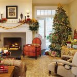 Furniture,Impressive White Wall Paint Best Christmas Decorating Ideas With Comfortable Single Seater Sofas And Cool Corner Christmas Tree On Combined Beautiful Cream Xmas Tree Lights Plus Cool Black Wood Coffe Table Also Picturesque Fireplace,The Best Christmas Decorating Ideas And Christmas Tree For Your Home