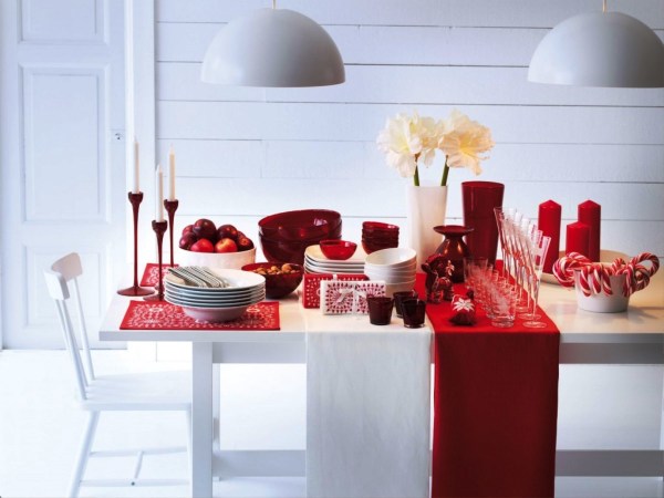 Dining Room,Impressive White Red Themed Christmas Dinner Table Decoration With Amazing White Wood Dining Table On Combined Soft Red White Run Table Cloth And Comfortable White Wood Dining Chair Also Cool White Oversized Pendant Lamps,Sweet Romantic Christmas Dinner Table Decorations