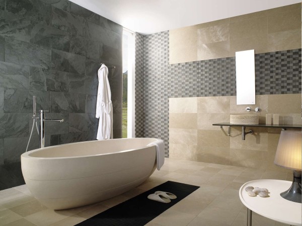 Bathroom,Fashionable Small Space White Oval Stone Bathtub Design Ideas With Modern Chrome Freestanding Bath Faucet And Cool Cream Stone Bowl Also Nice Vertical Wall Mirror,Beautiful Natural Stone Bathtub In Modern Bathroom