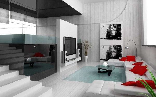 Furniture,Amazing Interior Design Ideas With Stunning White Leather Sectional Sofa On Combined Soft Red Cushions Plus Modern Stainless Arc Lamp And Cool Glass Triangle Shaped Table Also Wonderful Tv Wall Units For Living Room,Best Interior Design Ideas To Your Home