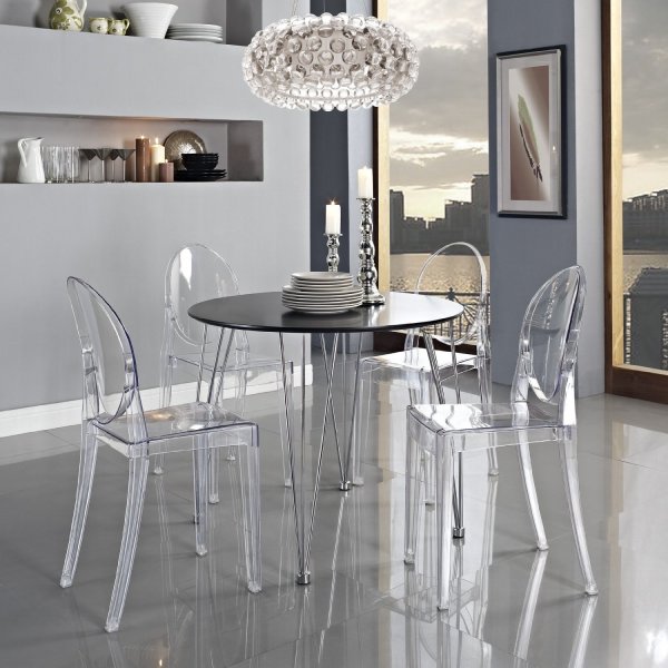 Furniture,Marvelous Gray Wall Paint Ghost Chair Design Ideas With Wonderful Clear Acrylic Ghost Chairs And Gorgeous Black Round Table On Combined Nice Chrome Legs Also Luxurious Crystal Chandelier,Best Ghost Chairs Design To Your Home Furniture