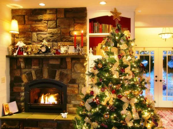 Furniture,Marvelous Stone Wall Panel Best Christmas Decorating Ideas With Amazing Green Christmas Tree On Combined Beautiful Cream Xmas Tree Lights And Wonderful Red Golden Ball Ornaments Plus Nice White Bookcase Also Dazzling Stone Fireplace,The Best Christmas Decorating Ideas And Christmas Tree For Your Home