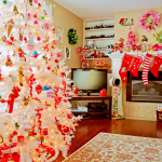 Furniture,Fabulous Yellow Wall Paint Best Christmas Decorating Ideas With Awesome White Christmas Tree And Beautiful White Fireplace Plus Cute Red Stocking Christmas Also Adorable Floral Pattern Rug On Combined Trendy Brown Wood Floor,The Best Christmas Decorating Ideas And Christmas Tree For Your Home