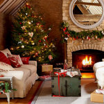 Furniture,Admirable Stone Wall Panel Best Christmas Decorating Ideas With Comfortable White Fabric Two Seater Sofas And Gorgeous Christmas Tree On Combined Beautiful Cream Xmas Tree Lights Plus Vintage Coffe Table Also Exquisite White Brick Stone Fireplace For Rustic Concept,The Best Christmas Decorating Ideas And Christmas Tree For Your Home