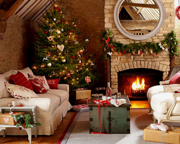 Furniture,Admirable Stone Wall Panel Best Christmas Decorating Ideas With Comfortable White Fabric Two Seater Sofas And Gorgeous Christmas Tree On Combined Beautiful Cream Xmas Tree Lights Plus Vintage Coffe Table Also Exquisite White Brick Stone Fireplace For Rustic Concept,The Best Christmas Decorating Ideas And Christmas Tree For Your Home