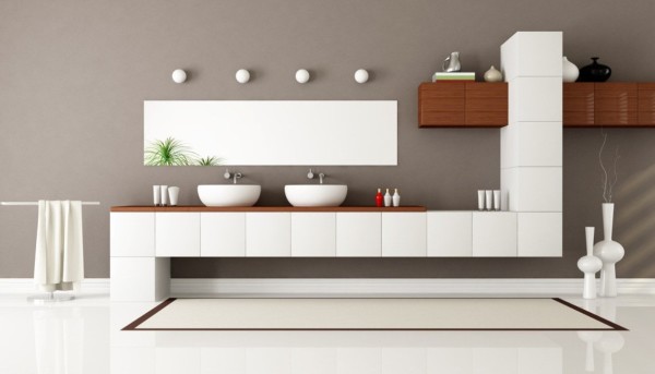 Bathroom,Enchanting Contemporary Bathroom Vanity Cabinet Design Inspiration With Unique White Backsplash And Nice Double White Washbasin Also Nice Glass Mirror,Stylish Contemporary Bathroom Vanity Cabinets