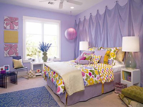 Bedroom,Cool Stylish Light Purple Wall Paint Diy Bedroom Design For Teenage Girl With Charming Colorful Bed Cover And Cool Double Over Glass Table Lamp Also Wonderful Purple Pendant Lamp ,Modern Bedroom Designs For Teenage Girls