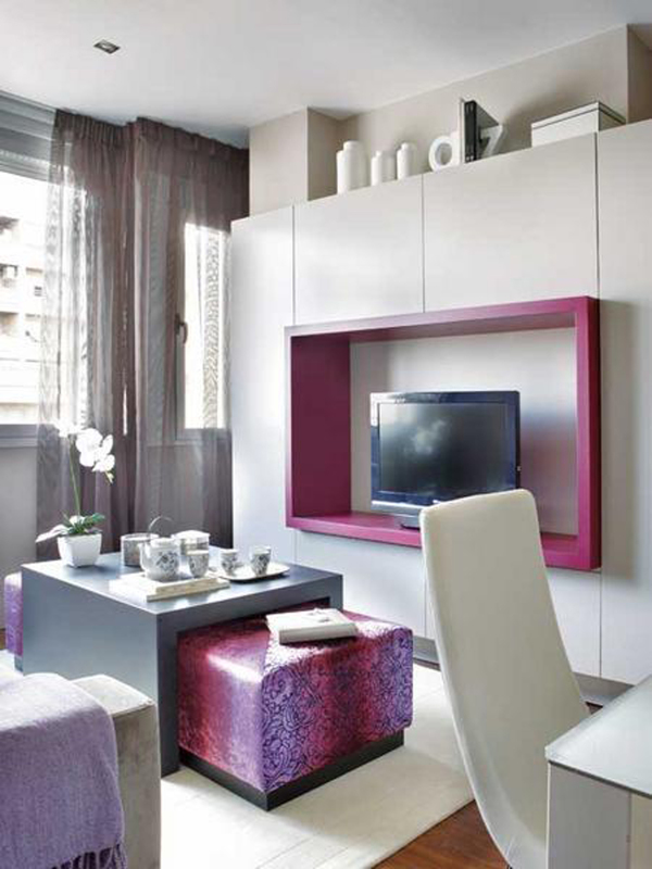 Apartments,Minimalist Small Space Apartment Ideas With Marvelous Tv Stand And Beautiful Black Table Plus Trendy Brown Wood Floor On Combined Soft White Rug Also Comfortable White Chair,Comfort Studio For Contemporary Apartment Ideas