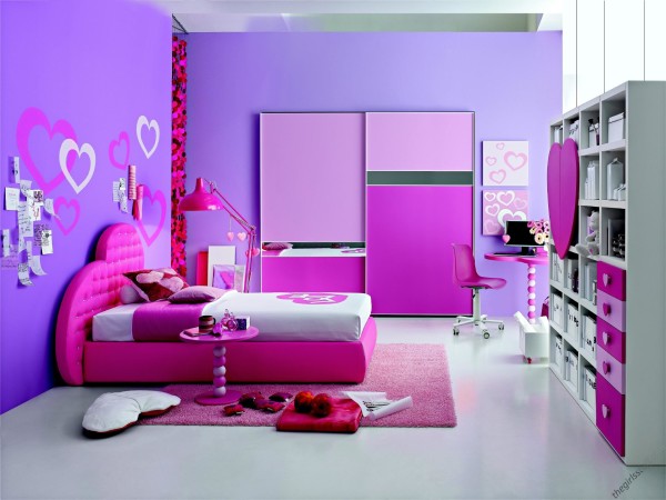 Bedroom,Enticing Bright Purple Wall Paint Really Cool Bedroom Decoration With Stunning Pink Leather Bed Frame On Combined Comfortable White Bed Sheet Plus Nice Pink Heart Shaped Headboard And Cute Corner Study Space Also Soft Pink Carpet,Really Cool Bedrooms Designed With A High Comfort Level
