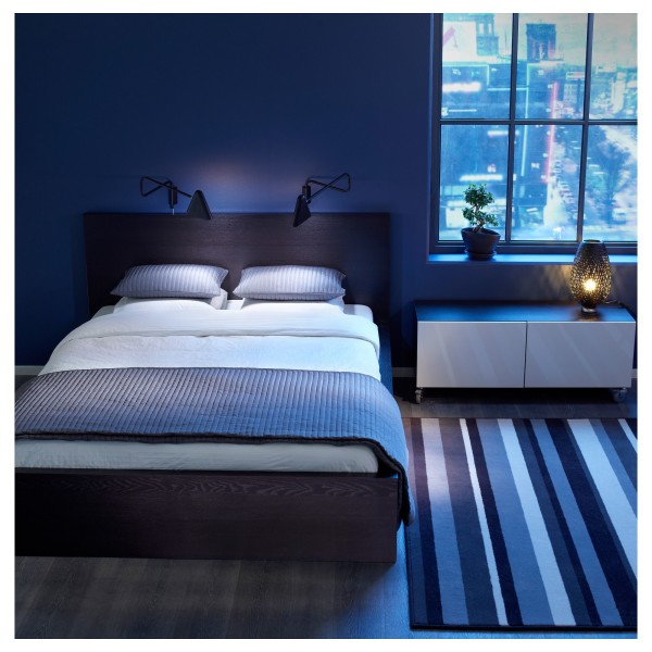 Bedroom,Contemporary Dark Blue Wall Paint Room Ideas For Young Women With Charming Dark Brown Wood Platform Bed On Combined Comfortable White Bed Sheet And Cool Wheels White Wood Cabinet Also Soft Black White Striped Rug On Combined Trendy Brown Wood Floor,Spoil Your Eyes With Room Ideas For Young Women