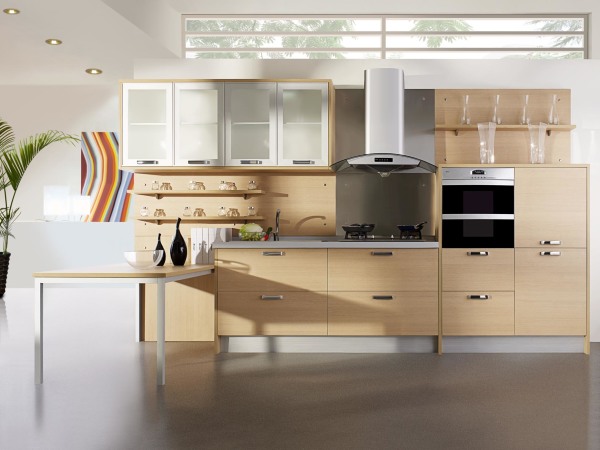 Furniture,Impressive Beautiful Contemporary Kitchen Design Ideas With Beautiful Natural Venner Oak Kitchen Cabinet And Cool Stainless Cooker Hood Also Wonderful Clear Frosted Glass Door Floating Kitchen Cabinet Plus Gorgeous Gray Tile Floor,Beautiful Contemporary Kitchens