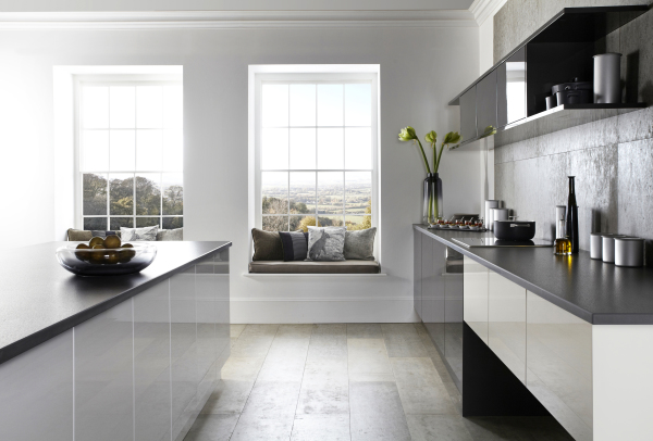 Furniture,Gorgeous White Wall Paint Minimal Kitchen Design Inspiration With Beautiful White Mixed Black Kitchen Cabinet On Combined Nice Black Countertop And Stunning Kitchen Island Also Comfortable Bay Window Seat Plus Soft Pillows ,Plush Minimal Kitchen Design Ideas
