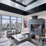 Apartments,Stunning Manhattan Penthouse Apartement Design Ideas With Charming Broken White Cushion Sofa On Combined Gray White Stripe Rug And Beautiful Large Square Coffe Table Also Vintage Backyard Fire Pit Plus Large Glass Mirror Window For Living Room,Manhattan Penthouse Apartments