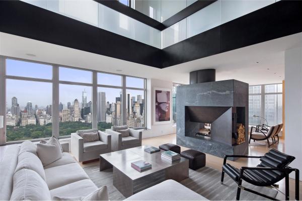 Apartments,Stunning Manhattan Penthouse Apartement Design Ideas With Charming Broken White Cushion Sofa On Combined Gray White Stripe Rug And Beautiful Large Square Coffe Table Also Vintage Backyard Fire Pit Plus Large Glass Mirror Window For Living Room,Manhattan Penthouse Apartments