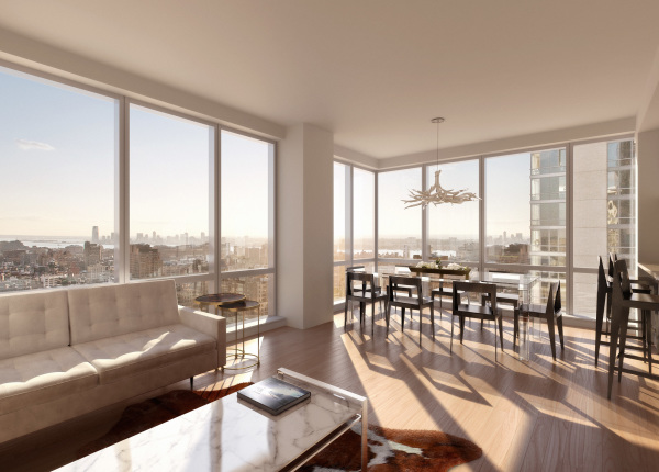 Apartments,Marvelous Manhattan Penthouse Apartement Design Inspiration With Charming White Leather Sofa And Luxurious White Granite Also Comfort Dining Room Set,Manhattan Penthouse Apartments