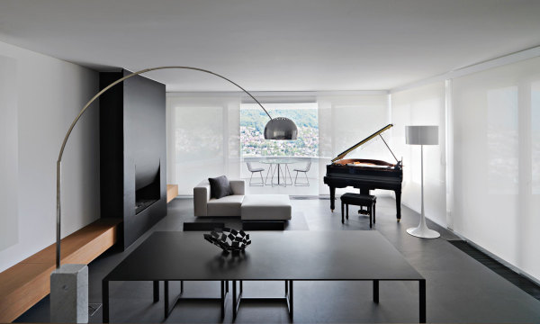 Interior,Extraordinary White Wall Paint Interior Design Inspiration With Adorable Stainless Steel Arc Lamp And Comfortable White Adjustable Sofa Plus Modern Black Fireplace Also Luxurious Black Grand Piano,Minimalist Interior Designers