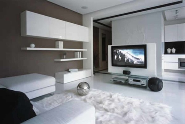 Living Room,Cool Awesome Appartement Furniture Interior Design Inspiration With Beautiful White Sofa And Comfortable White Fur Rug Also Nice Flat Tv,Awesome Living Room Furniture Interior Design