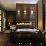 Furniture,Nice Looking Interior Design Idea With Beautiful Built In Bathtub And Wonderful Fireplace Plus Cool Stainless Towel Hanger Also Trendy Dark Brown Wood Floor,Fabulous Interior Design Ideas For Modern Home
