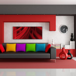 Interior,Splendid Interior Design Photo With Comfortable Black Leather Sleeper Sofa On Combined Cute Colorful Cushions And Nice Open Bookshelf Plus Beautiful Black Drum Floor Lamp Also Gorgeous Large Red Rug,Best High Quality Interior Design Photos To Your Living Room