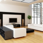 Interior,Gorgeous Interior Design Photo With Comfortable White Leather Sleeper Sofas And Stylish Black Table On Combined Nice Bright Brown Laminate Flooring Also Wonderful Tv Wall Units Plus Splendid White Wall Paint,Best High Quality Interior Design Photos To Your Living Room