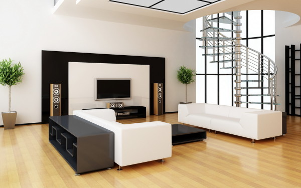 Interior,Gorgeous Interior Design Photo With Comfortable White Leather Sleeper Sofas And Stylish Black Table On Combined Nice Bright Brown Laminate Flooring Also Wonderful Tv Wall Units Plus Splendid White Wall Paint,Best High Quality Interior Design Photos To Your Living Room
