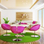 Interior,Amazing Interior Design Photo With Cute Pink Swivel Chairs And Beautiful Round White Table On Combined Soft Round Green Rug Also Comfortable White Sectional Sofa Using Beautiful White Wall Paint For Living Room,Best High Quality Interior Design Photos To Your Living Room