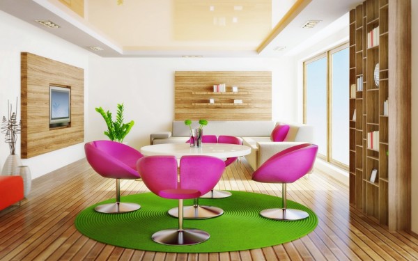 Interior,Amazing Interior Design Photo With Cute Pink Swivel Chairs And Beautiful Round White Table On Combined Soft Round Green Rug Also Comfortable White Sectional Sofa Using Beautiful White Wall Paint For Living Room,Best High Quality Interior Design Photos To Your Living Room