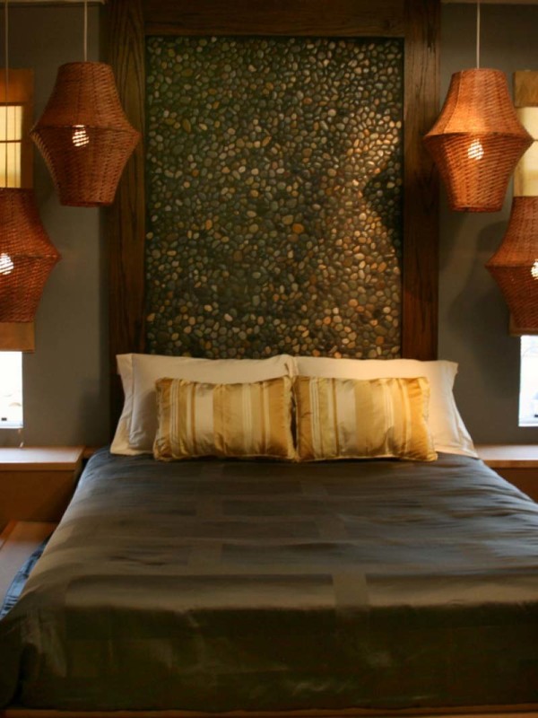 Bedroom,Unique Stone Headboard Design With Gorgeous Black Bed Cover On Combined Nice Some Pillow And Creative Bright Brown Rattan Pendant Lamps Also Splendid Gray Wall Paint,Comfortable Bed With Headboard Designs