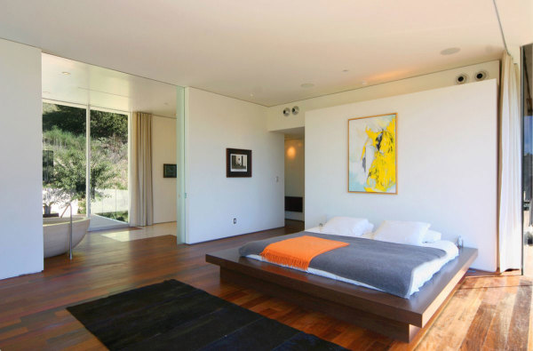 Bedroom,Enthralling Unique Floating Bed Decoration With Gorgeous Dark Brown Bed Frame On Combined Brown Laminate Flooring And Beautiful Yellow Painting On White Wall Placed,Pleasured Floating Bed Ideas