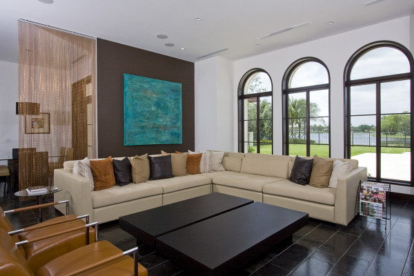 Furniture,Best House Interior Design Ideas With Stylish Beige Sectional Sofa On Combined Soft Colorful Cushions And Beautiful Rectangular Tables In Black Color Also Splendid Dom Shaped Windows,Modern House Interior Designs