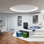 Furniture,Unique Interior Design Architect With Stylish Corner Bed And Cool White Study Table Plus Comfortable Wheels White Chair On Combined Wonderful Brown Laminate Flooring Also Beautiful Floating Open Bookshelf Using Splendid White Wall Paint,Modern Interior Design Architects For Your Homes