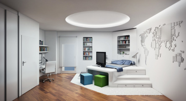 Furniture,Unique Interior Design Architect With Stylish Corner Bed And Cool White Study Table Plus Comfortable Wheels White Chair On Combined Wonderful Brown Laminate Flooring Also Beautiful Floating Open Bookshelf Using Splendid White Wall Paint,Modern Interior Design Architects For Your Homes