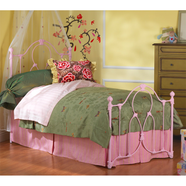 Furniture,Beautiful Pink Wesley Allen Design Ideas With Twin Size Bed And Cozy Headboard On Combined Comfortable Footboard Also Beautiful Floral Wall Screme ,Stylish Iron Bed By Wesley Allen Designer