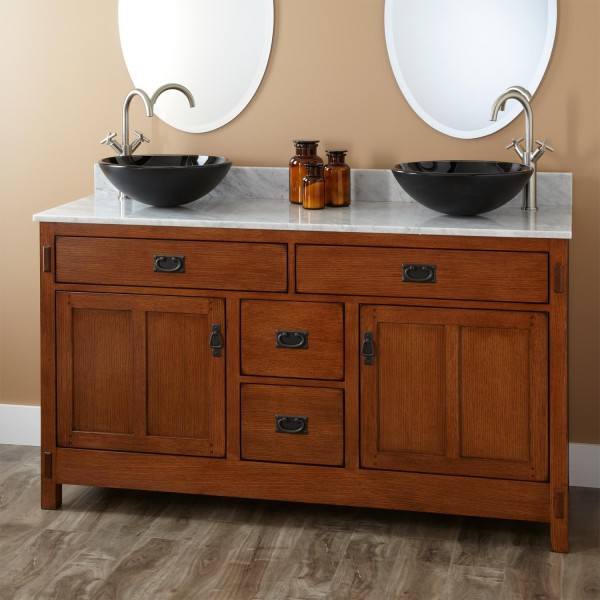 Bathroom,Enthralling Bathroom With Vessel Sink Design Inspiration And Style Double Vessel Sink In Black Color On Combined White Granite Table Also Nice Brown Wood Vanity Cabinet ,Style Bathrooms With Vessel Sink Design 